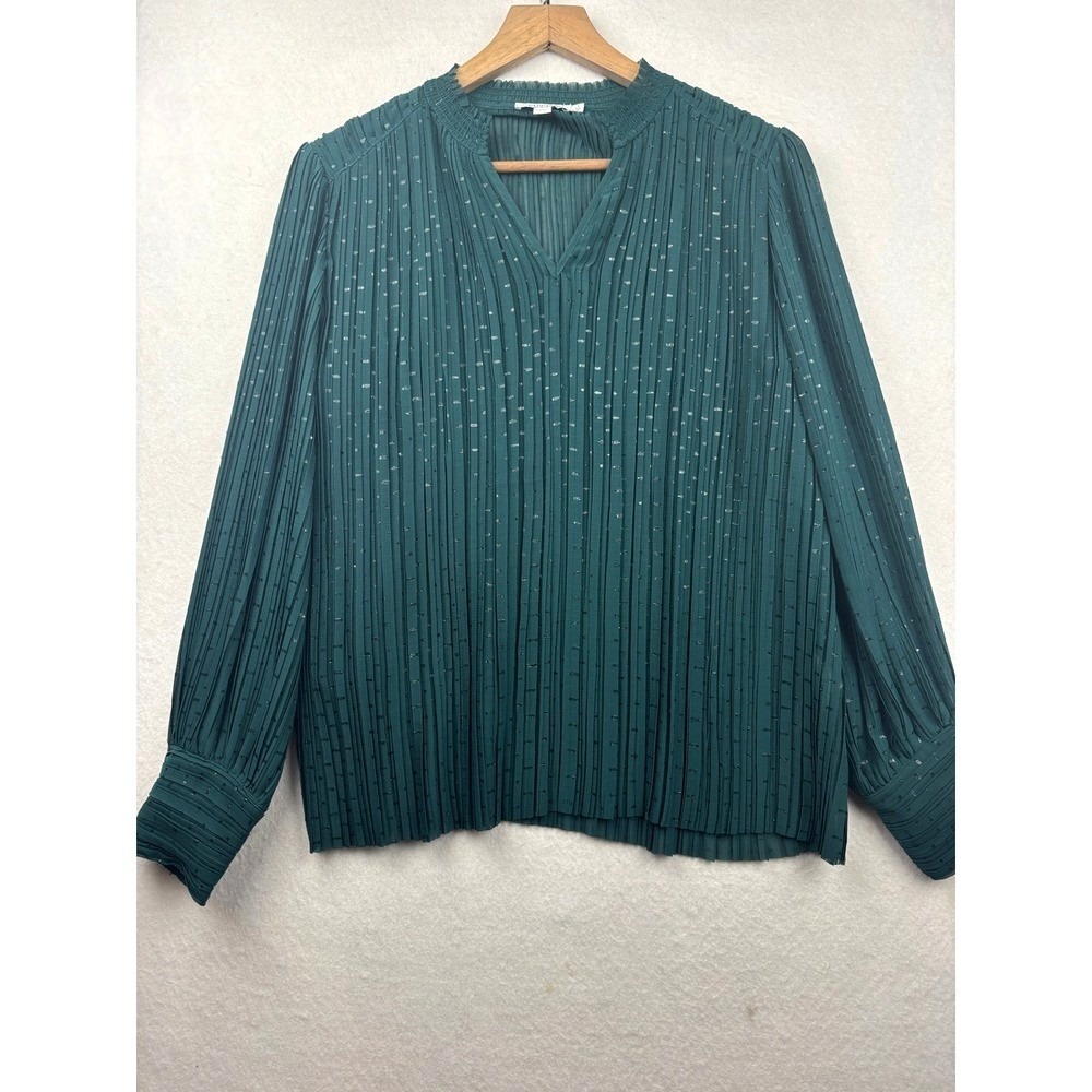 Chico's Pleated Blouse Womens 1 Size 8 Metallic Clip Dot Smocked Cuff